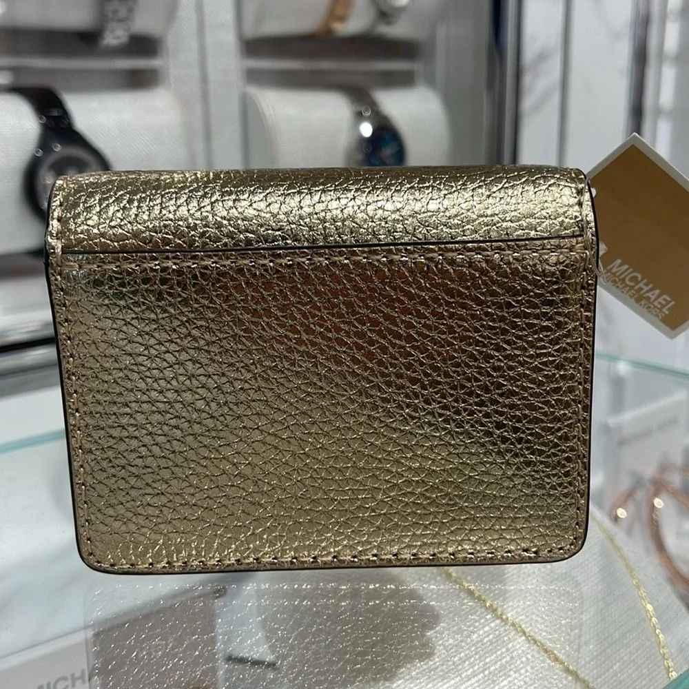 MICHAEL KORS Carson Small Metallic Pebbled Leather Wallet Pale Gold  NWT
